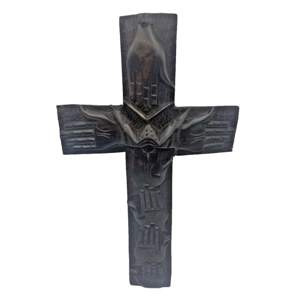 Vintage Handcarved Wood Cross Touching Hands Dove Religious Decor 8" x 5.5" READ